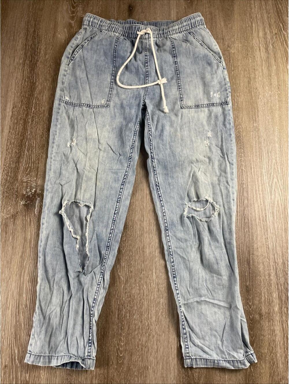 Aerie Denim Jeans Women's Small Light Wash Distressed Drawstring Casual Preppy